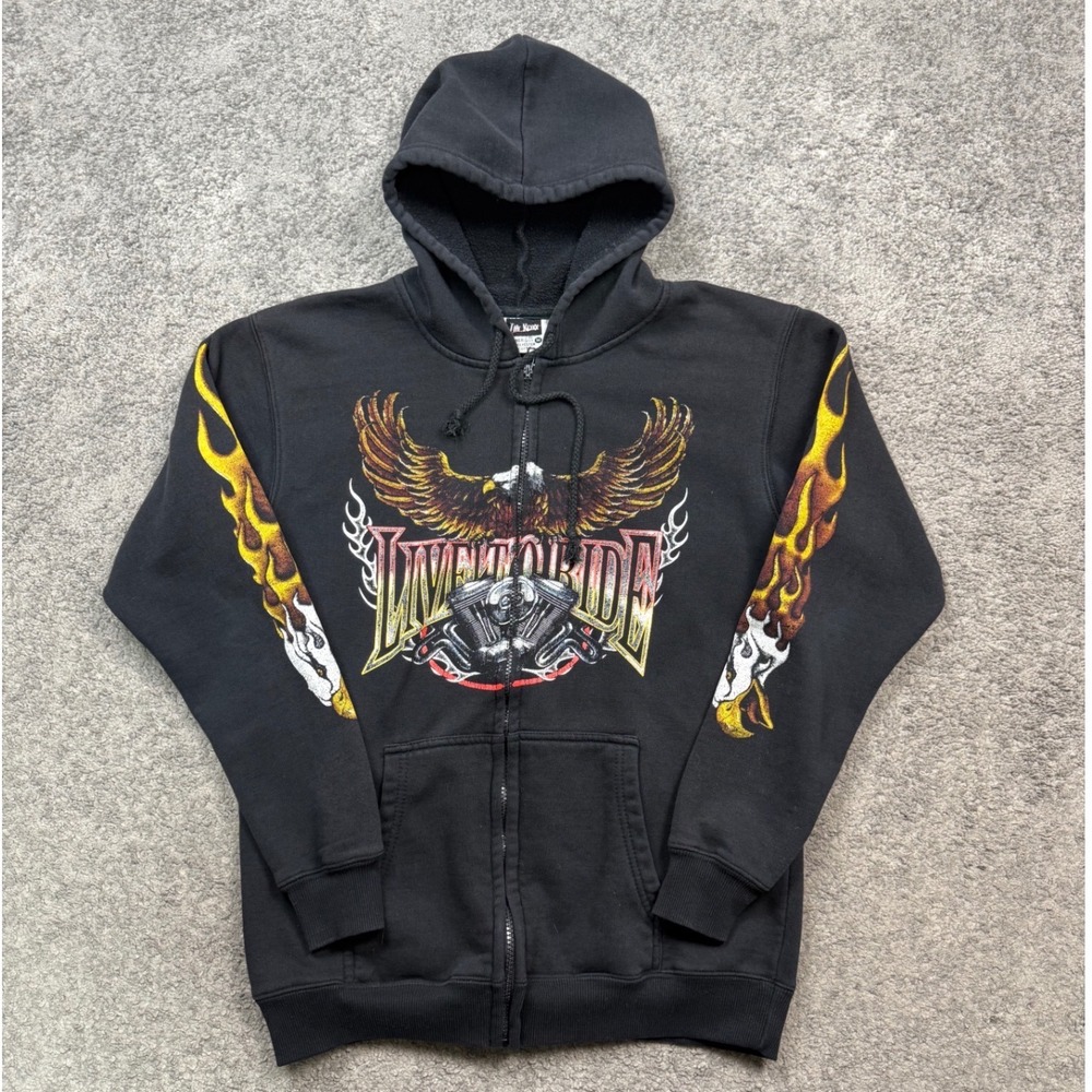 The Roxx Live to Ride Biker Hoodie Black Size M Eagle Flame Graphic Zip Up